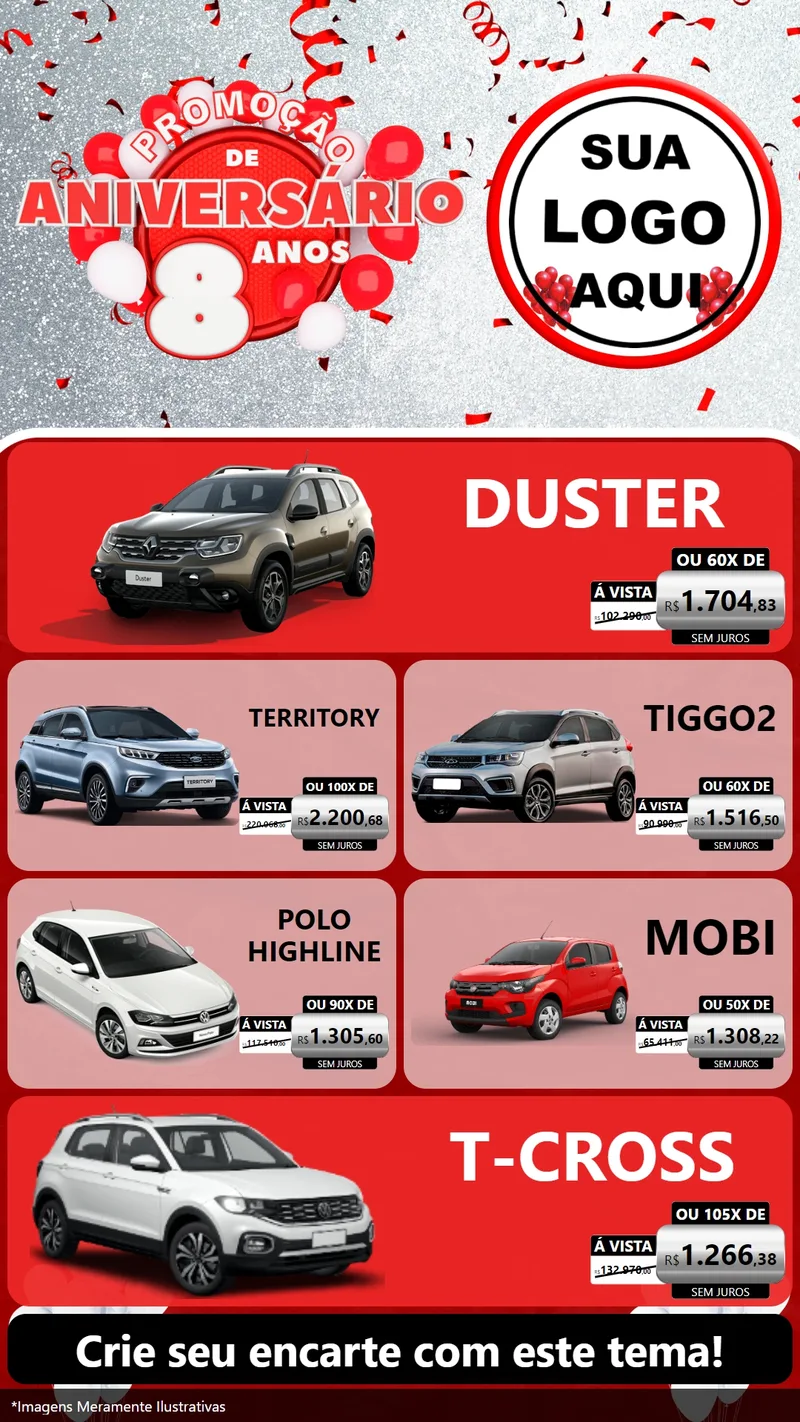 Modelo de TV para TV Vertical com o tema Promoção de Aniversário - 8 Anos para Concessionaria de Carros