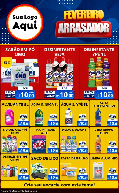 Modelo de Encarte para Encarte Grande com o tema Fevereiro Arrasador para Produtos de Limpeza