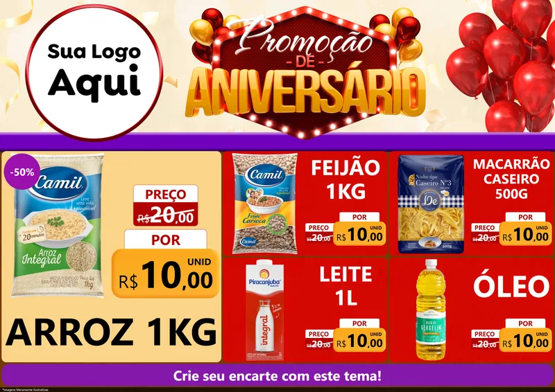 Modelo de Encarte para Encarte A4 Horizontal com o tema Promoção de Aniversário para Supermercado