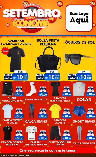 Modelo de Encarte para Encarte Grande com o tema Operação Setembro Com Muita Economia para Roupas e acessórios