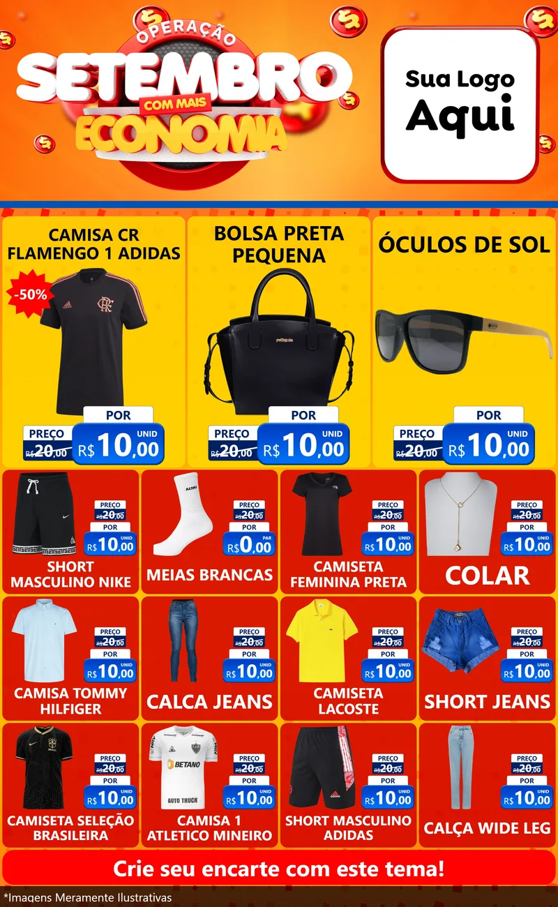 Modelo de Encarte para Encarte Grande com o tema Operação Setembro Com Muita Economia para Roupas e acessórios