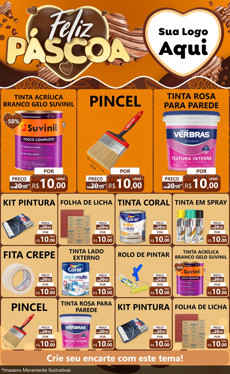 Modelo de Encarte para Encarte Grande com o tema Feliz Páscoa para Tintas e Ferramentas