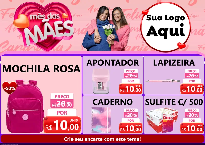 Modelo de Encarte para Encarte A4 Horizontal com o tema Mês Das Mães para Papelaria