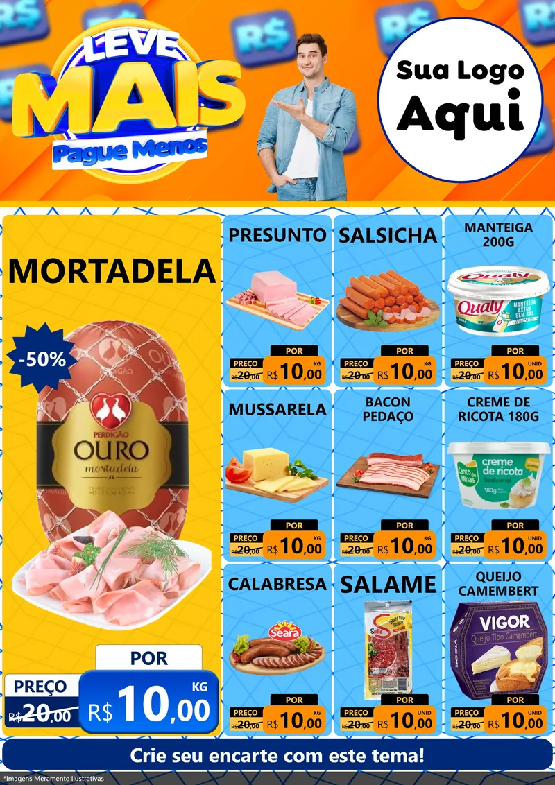 Modelo de Encarte para Encarte A4 Vertical com o tema Leve Mais, Pague Menos para Frios e Laticínios