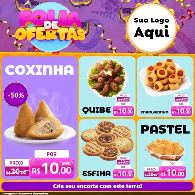 Modelo de Rede Social para Feed Facebook com o tema Folia de Ofertas para Salgadaria