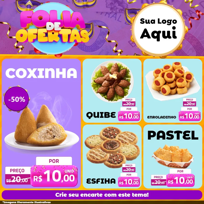 Modelo de Rede Social para Feed Facebook com o tema Folia de Ofertas para Salgadaria