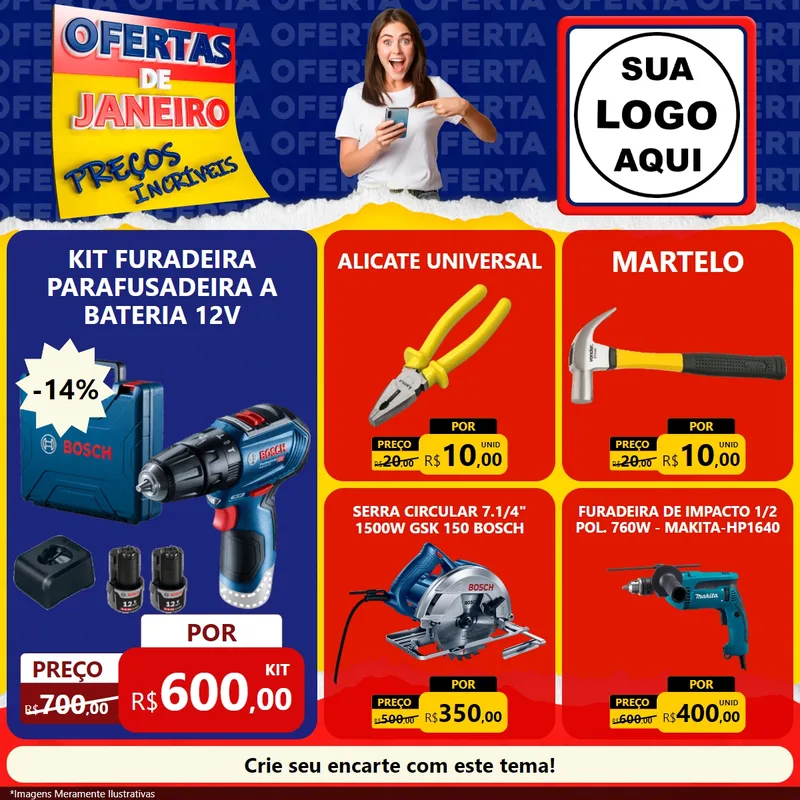 Modelo de Rede Social para Feed Facebook com o tema Ofertas de Janeiro - Preços Incríveis para Maquinas e Ferramentas