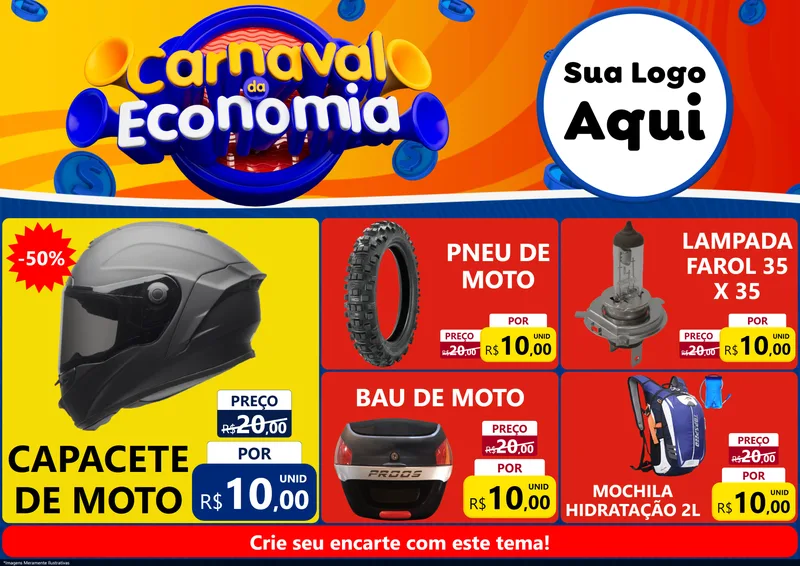 Modelo de Encarte para Encarte A4 Horizontal com o tema Carnaval da Economia para Moto peças