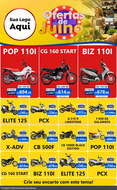 Modelo de Encarte para Encarte Grande com o tema Ofertas de Julho para Concessionaria de Motos