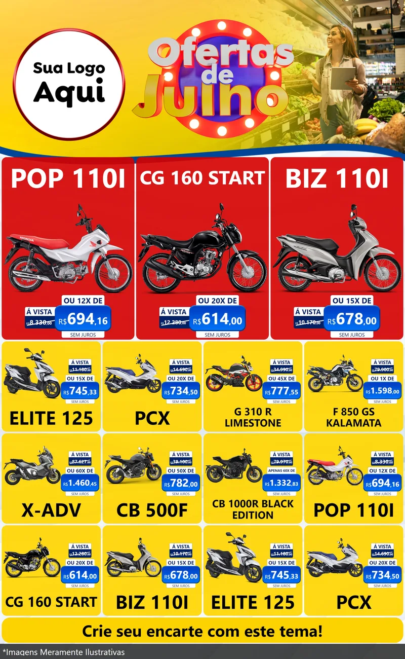 Modelo de Encarte para Encarte Grande com o tema Ofertas de Julho para Concessionaria de Motos