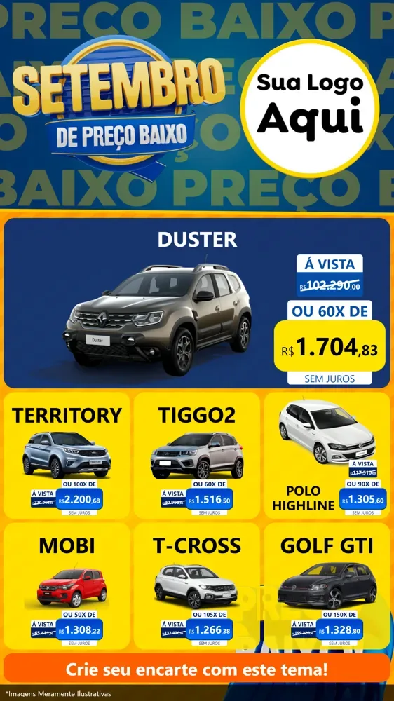 Modelo de Rede Social para Stories com o tema Setembro De Preço Baixo para Concessionaria de Carros