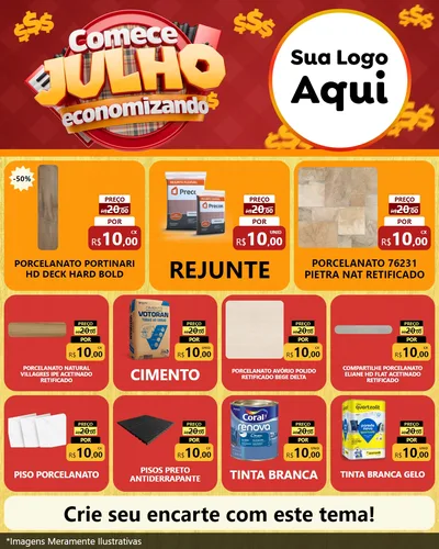 Modelo de Rede Social para Feed Instagram com o tema Comece Julho Economizando para Pisos e revestimentos