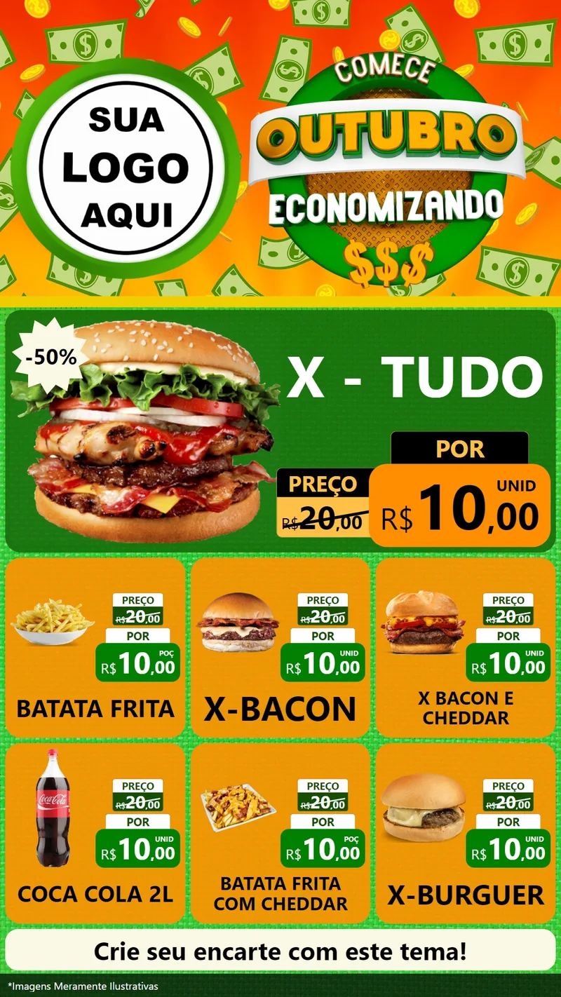Modelo de Rede Social para Stories com o tema Comece Outubro Economizando para Hamburgueria
