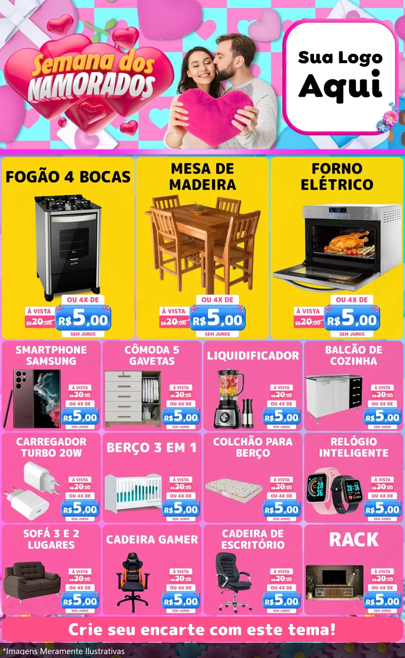 Modelo de Encarte para Encarte Grande com o tema Semana dos Namorados para Móveis e Eletro