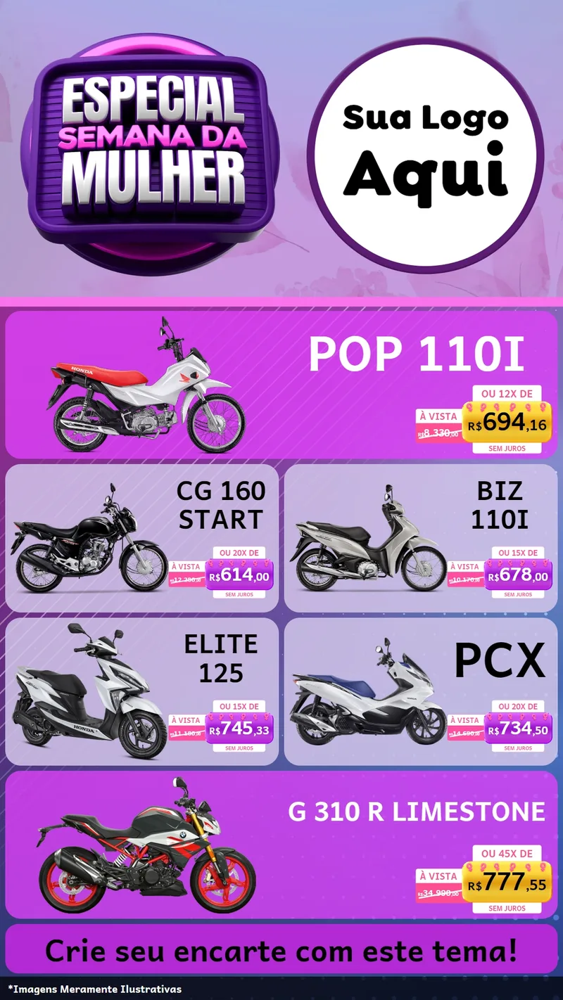 Modelo de TV para TV Vertical com o tema Especial Semana da Mulher para Concessionaria de Motos