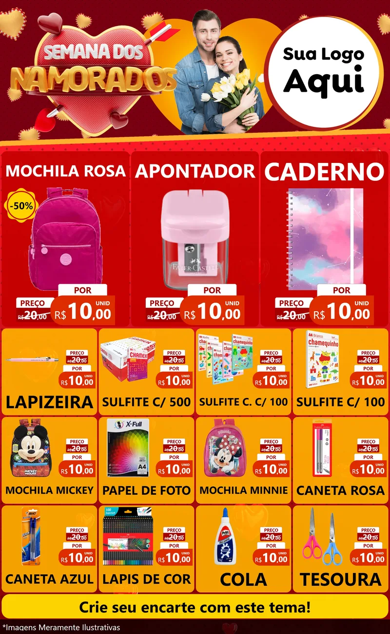 Modelo de Encarte para Encarte Grande com o tema Semana dos Namorados para Papelaria