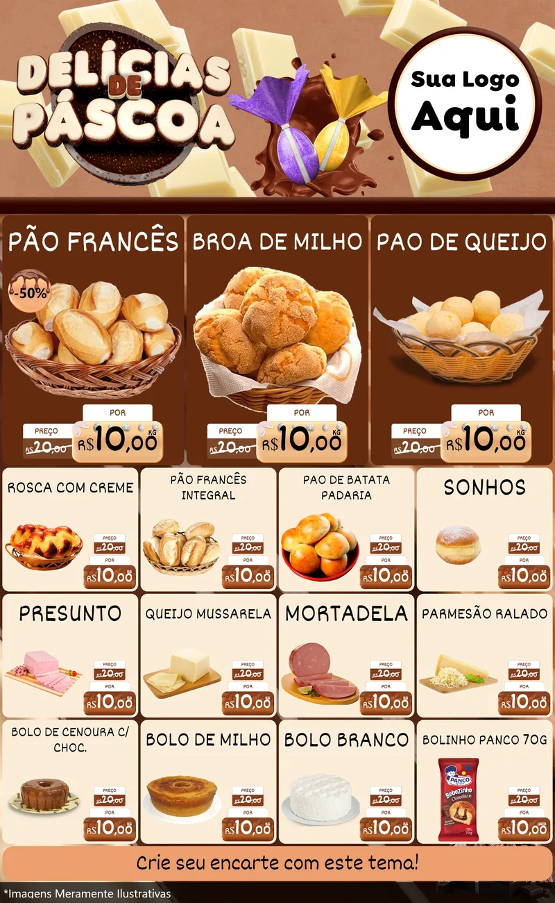 Modelo de Encarte para Encarte Grande com o tema Delícias de Páscoa para Padaria