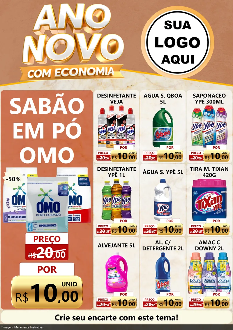 Modelo de Encarte para Encarte A4 Vertical com o tema Ano Novo Com Economia para Produtos de Limpeza