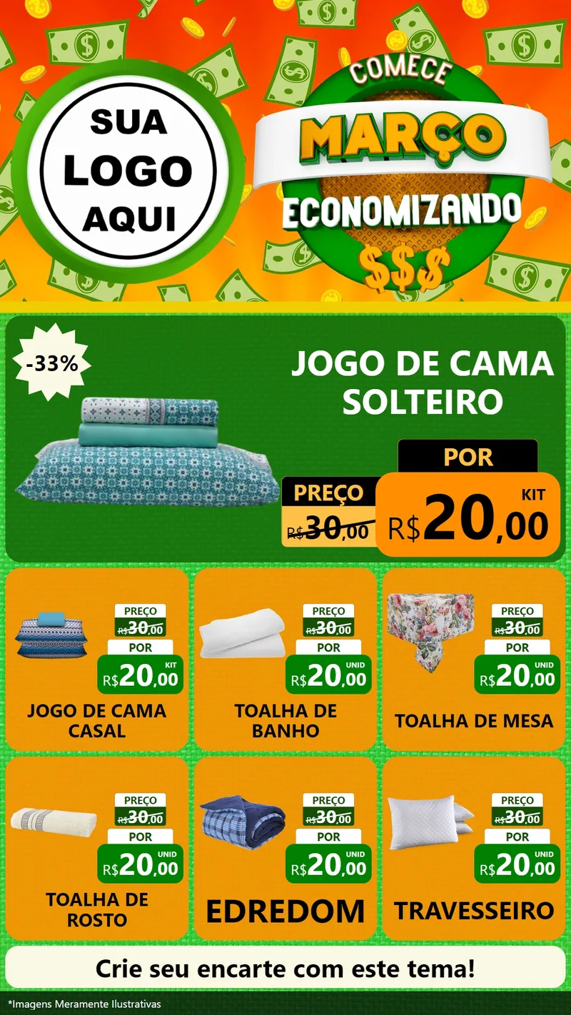 Modelo de Rede Social para Stories com o tema Comece Março Economizando para Cama, Mesa e Banho