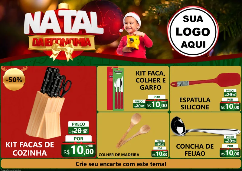 Modelo de Encarte para Encarte A4 Horizontal com o tema Natal da Economia para Utilidades Domésticas