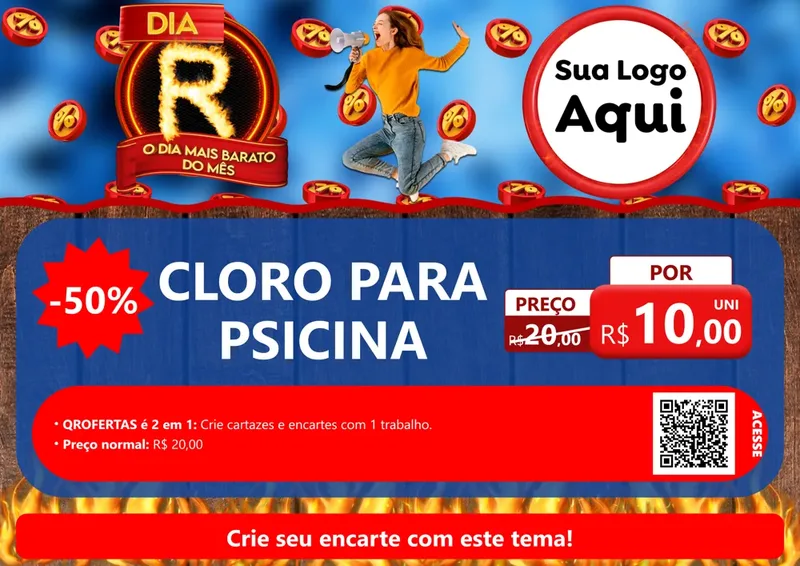 Modelo de Cartaz para Cartaz A4 Horizontal com o tema Dia R - O Dia Mais Barato Do Mês para Produtos para Piscina