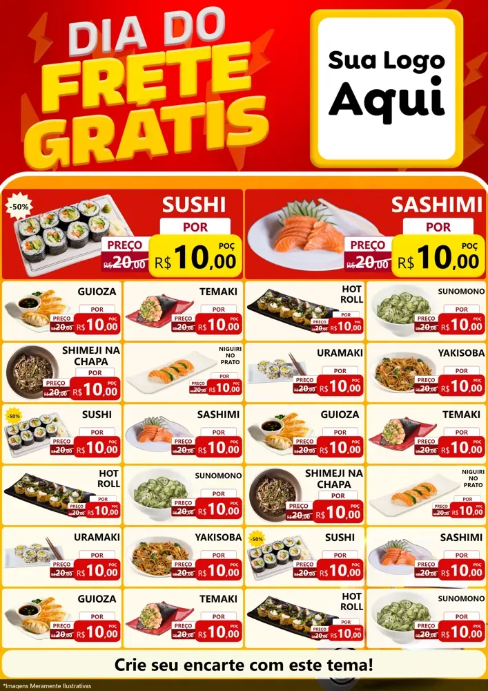 Modelo de Encarte para Encarte A4 Vertical com o tema Dia do Frete Grátis para Comida japonesa