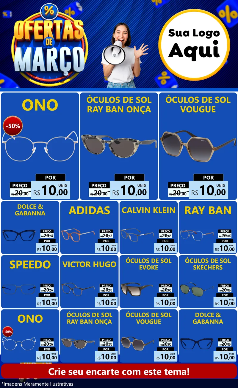 Modelo de Encarte para Encarte Grande com o tema Ofertas de Março para Óticas