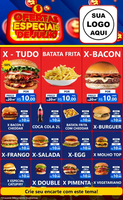 Modelo de Encarte para Encarte Grande com o tema Ofertas Especiais de Julho para Hamburgueria