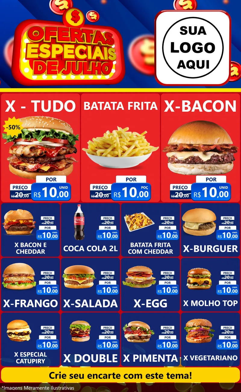 Modelo de Encarte para Encarte Grande com o tema Ofertas Especiais de Julho para Hamburgueria