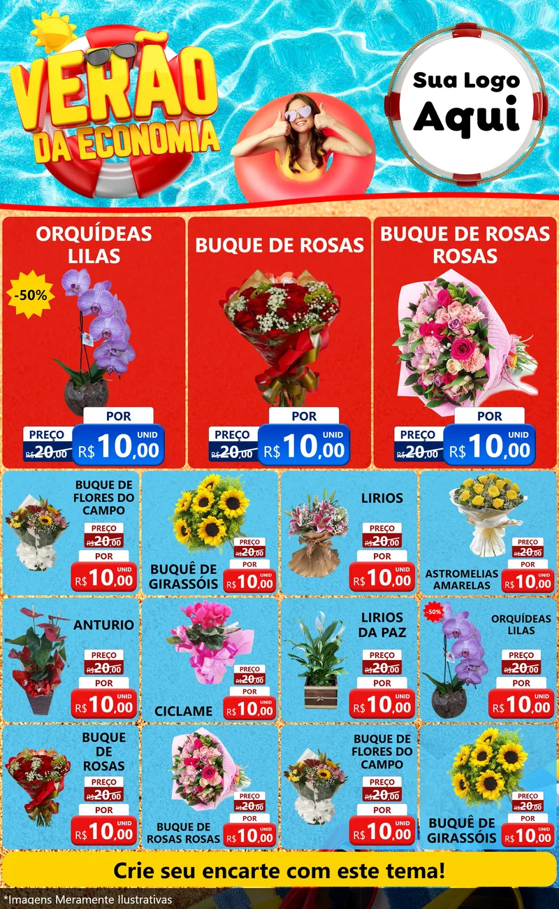 Modelo de Encarte para Encarte Grande com o tema Verão da Economia para Floricultura e jardim