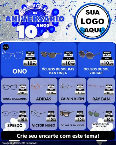 Modelo de Rede Social para Feed Instagram com o tema Promoção de Aniversário - 10 Anos para Óticas