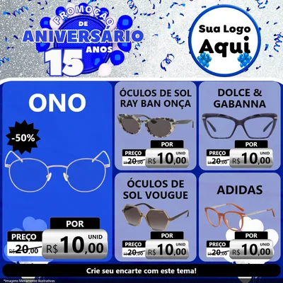 Modelo de Rede Social para Feed Facebook com o tema Promoção de Aniversário - 15 Anos para Óticas