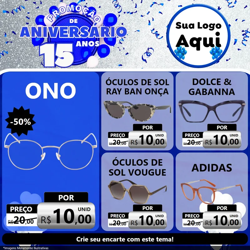 Modelo de Rede Social para Feed Facebook com o tema Promoção de Aniversário - 15 Anos para Óticas