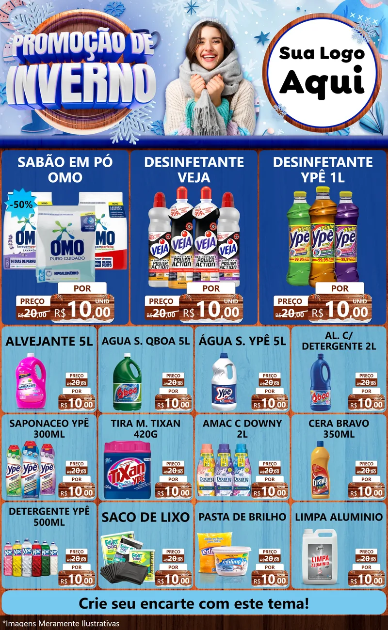 Modelo de Encarte para Encarte Grande com o tema Promoção de Inverno para Produtos de Limpeza