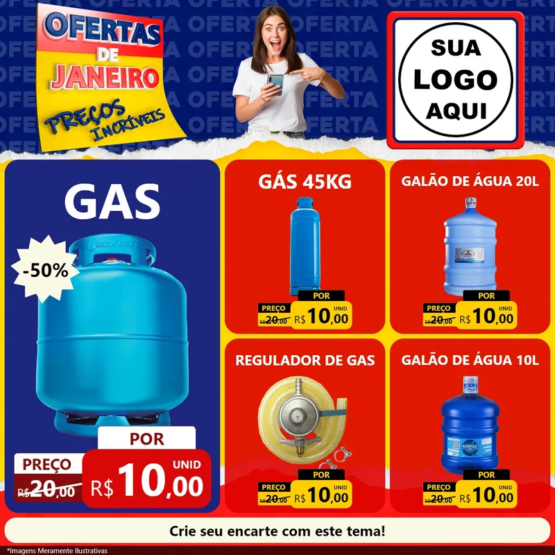 Modelo de Rede Social para Feed Facebook com o tema Ofertas de Janeiro - Preços Incríveis para Água e gás