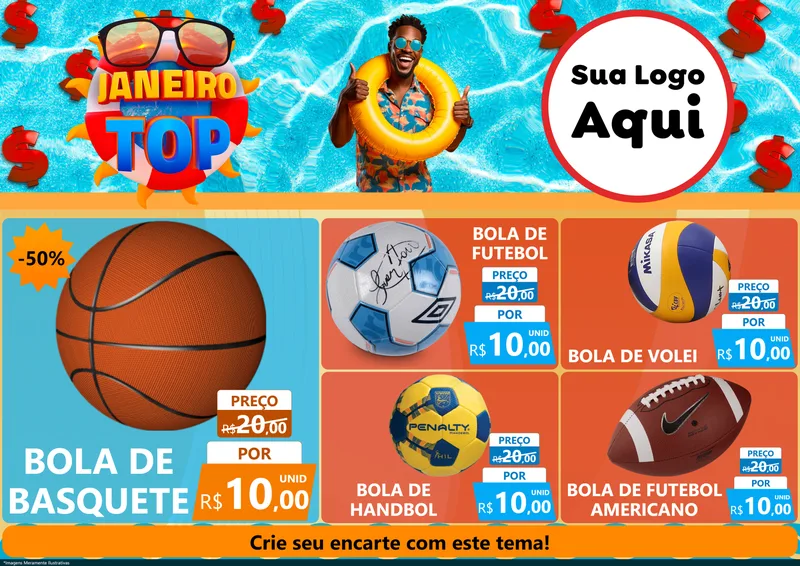Modelo de Encarte para Encarte A4 Horizontal com o tema Janeiro Top para Artigos Esportivos