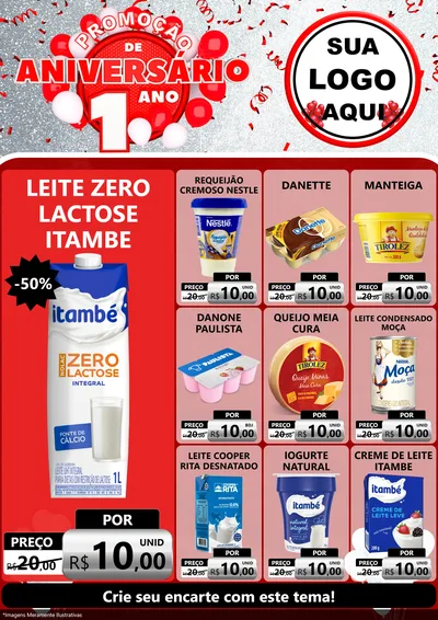 Modelo de Encarte para Encarte A4 Vertical com o tema Promoção de Aniversário - 1 Ano para Frios e Laticínios
