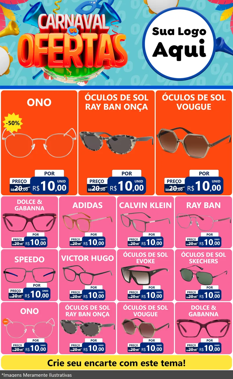 Modelo de Encarte para Encarte Grande com o tema Carnaval de Ofertas para Óticas