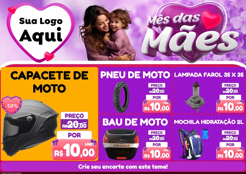 Modelo de Encarte para Encarte A4 Horizontal com o tema Mês das Mães para Moto peças