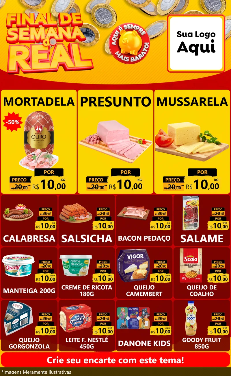 Modelo de Encarte para Encarte Grande com o tema Final de Semana do Real para Frios e Laticínios