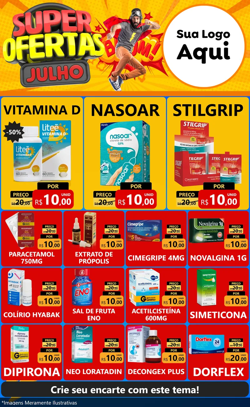 Modelo de Encarte para Encarte Grande com o tema Super Ofertas Julho para Farmácia