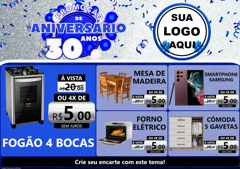 Modelo de Encarte para Encarte A4 Horizontal com o tema Promoção de Aniversário - 30 Anos para Móveis e Eletro
