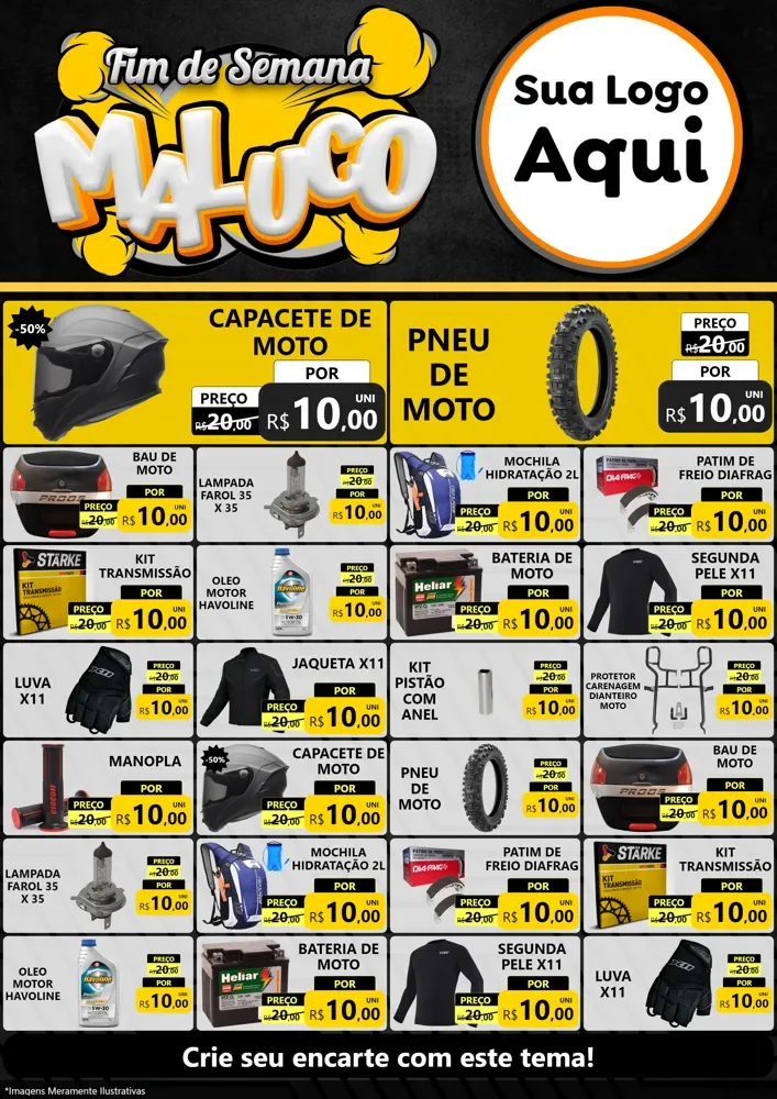 Modelo de Encarte para Encarte A4 Vertical com o tema Fim de Semana Maluco para Moto peças