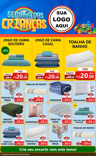 Modelo de Encarte para Encarte Grande com o tema Semana das Crianças para Cama, Mesa e Banho