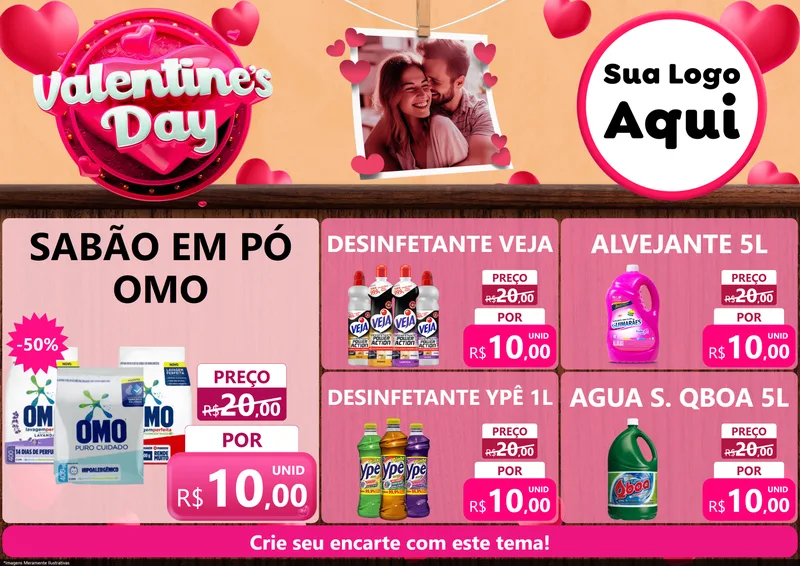 Modelo de Encarte para Encarte A4 Horizontal com o tema Valentine's Day para Produtos de Limpeza