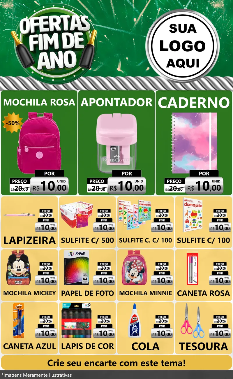 Modelo de Encarte para Encarte Grande com o tema Ofertas Fim de Ano para Papelaria