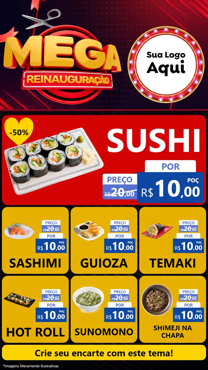 Modelo de Rede Social para Stories com o tema Mega Reinauguração para Comida japonesa