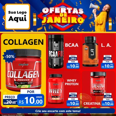 Modelo de Rede Social para Feed Facebook com o tema Ofertas de Janeiro para Suplementos alimentares