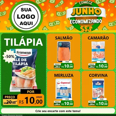Modelo de Rede Social para Feed Facebook com o tema Comece Junho Economizando para Peixaria