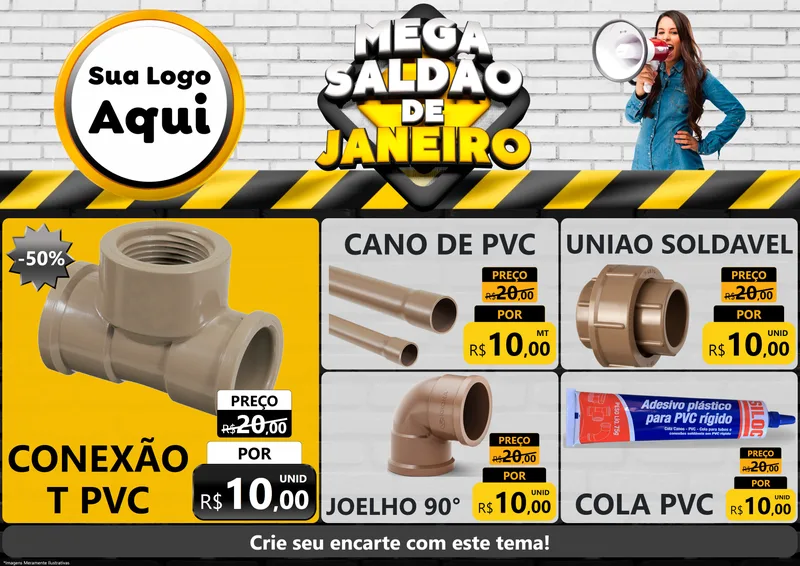 Modelo de Encarte para Encarte A4 Horizontal com o tema Mega Saldão de Janeiro para Tubos e conexões